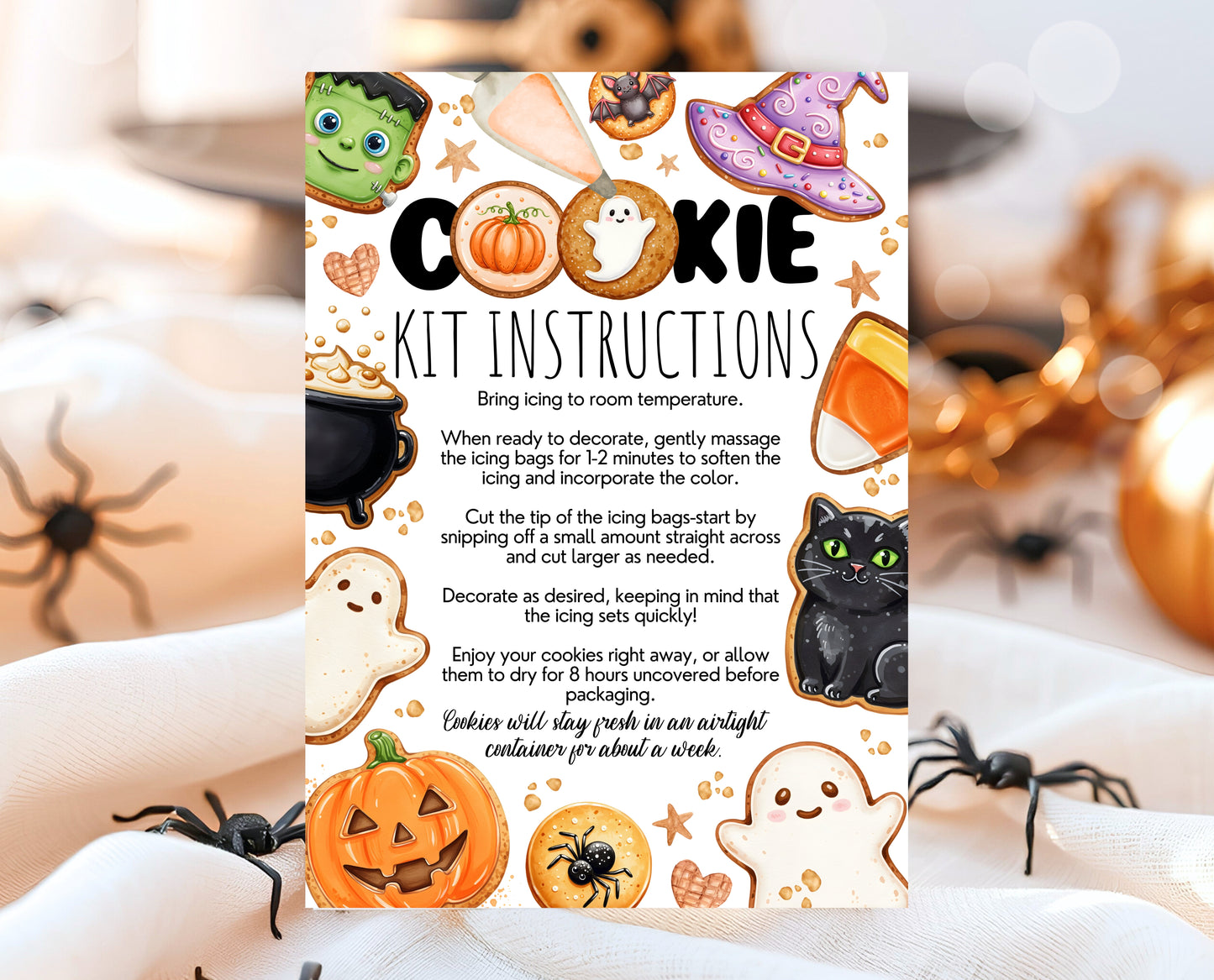 Editable Halloween Cookie Instructions Card Decorate Your Own Spooky Ghost Pumpkin Bat Kit DIY Trick Treat Printable Fall Instant Download