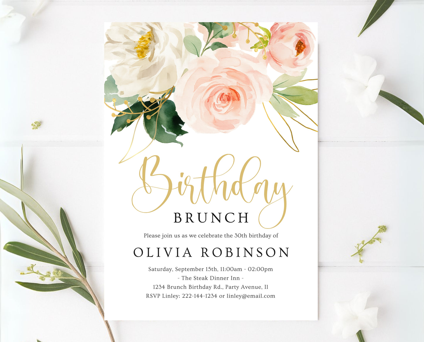 Editable Blush Pink Floral Birthday Brunch Invitation Gold Rose Invite Watercolour Printable Party Template for Women Instant Download