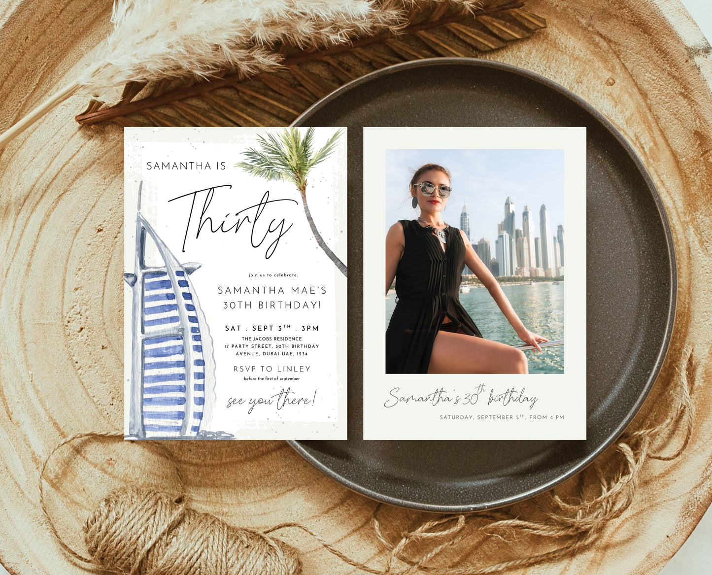 Editable Dubai Themed Palm Birthday Invitation Summer Party Template Luxury Desert Tropical Printable Invite Download AB13
