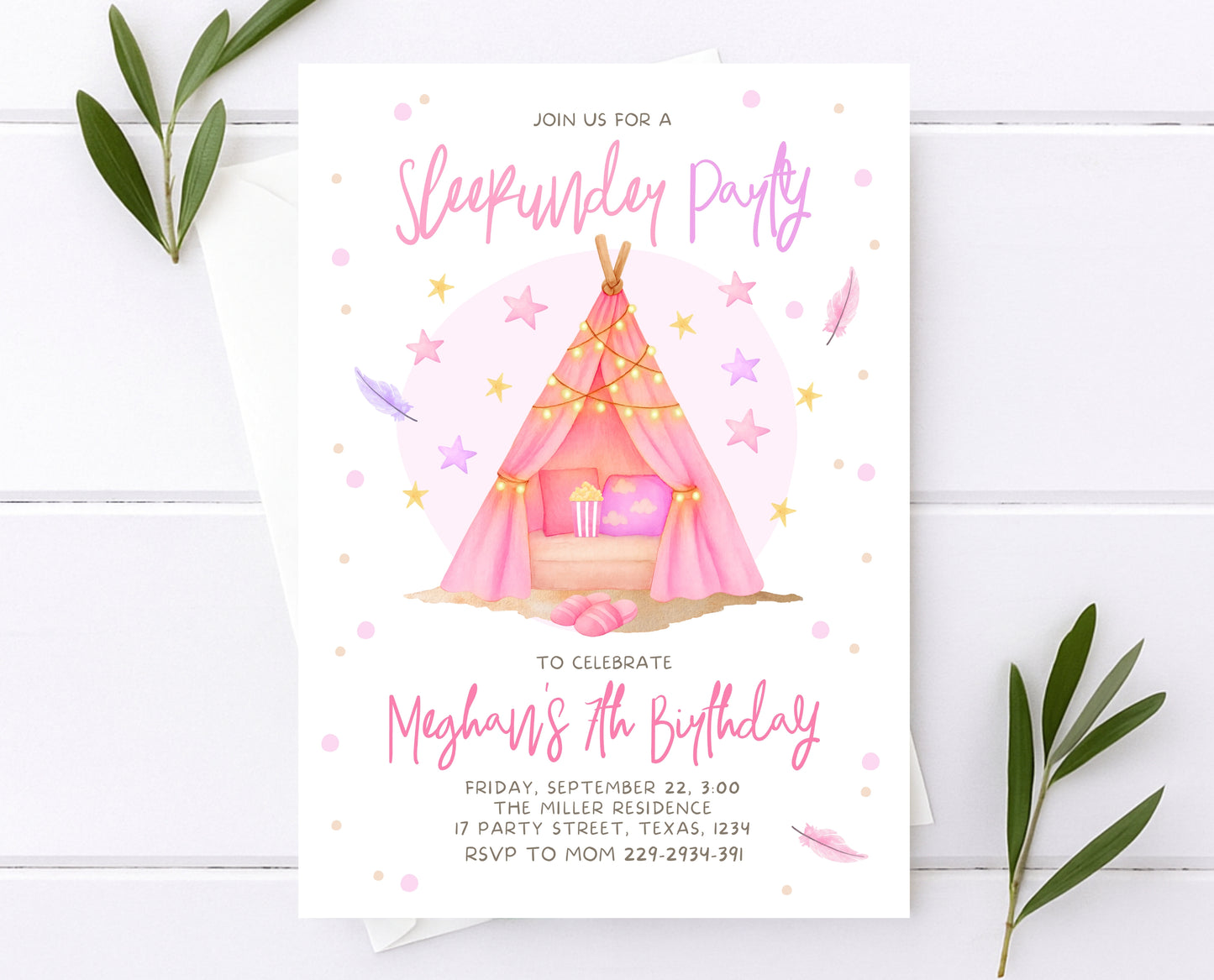 Editable Sleepunder Birthday Invitation Pink Glamping Spa Slumber Party Movie Night Tween Teen Printable Template Instant Download GBP51