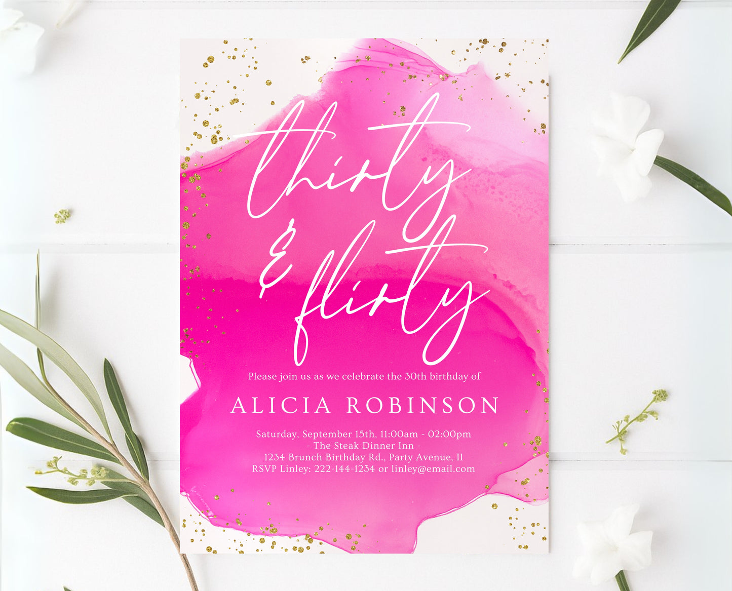 Editable Thirty and Flirty 30th Birthday Invitation Hot Pink and Gold Glam Party Invite Modern Birthday Template Instant Download AB17