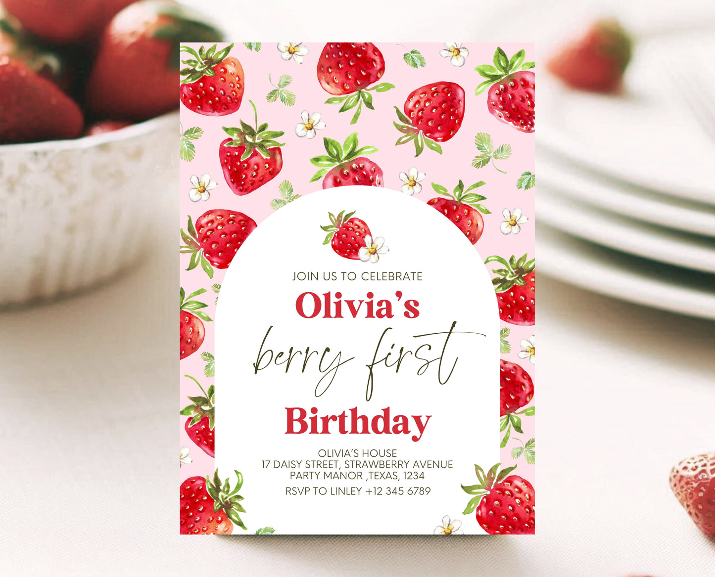 Editable Berry First Birthday Invitation, Strawberry Arch 1st Birthday Girl Invite, Printable Strawberry First Birthday Girl Invitation, GBP05