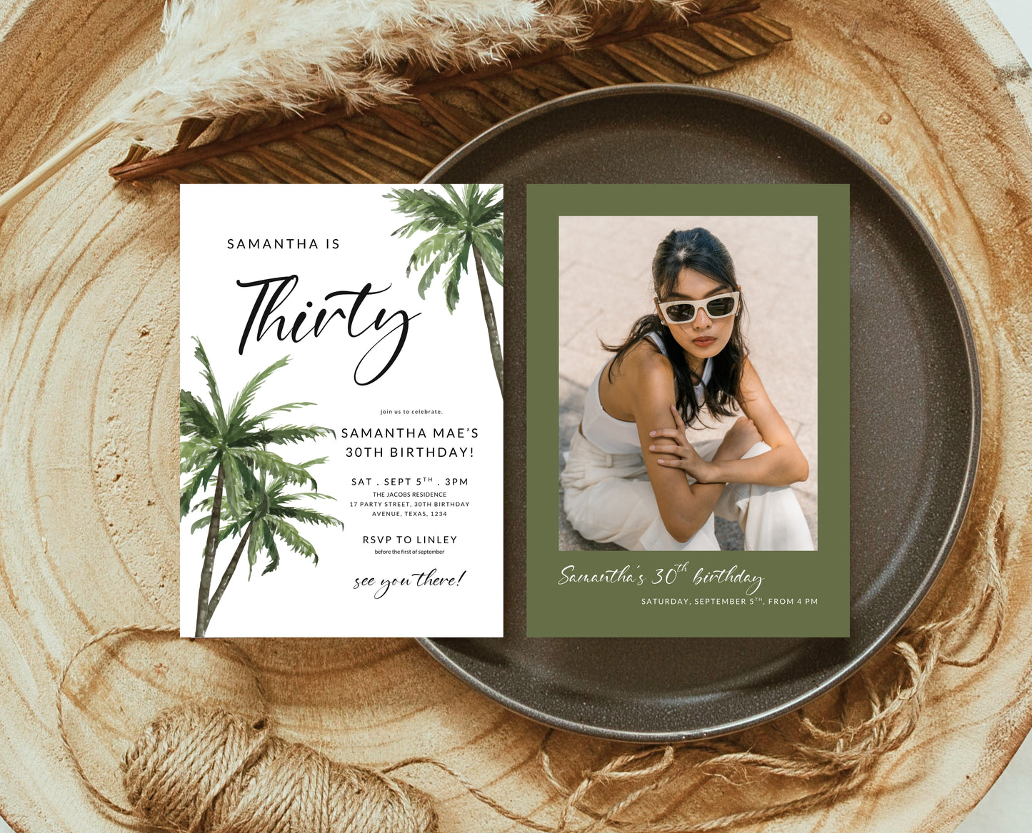 Editable Palm Birthday Invitation Template Folk Palm Trees Summer Party Beach Theme Watercolour Modern Instant Download Printable AB12