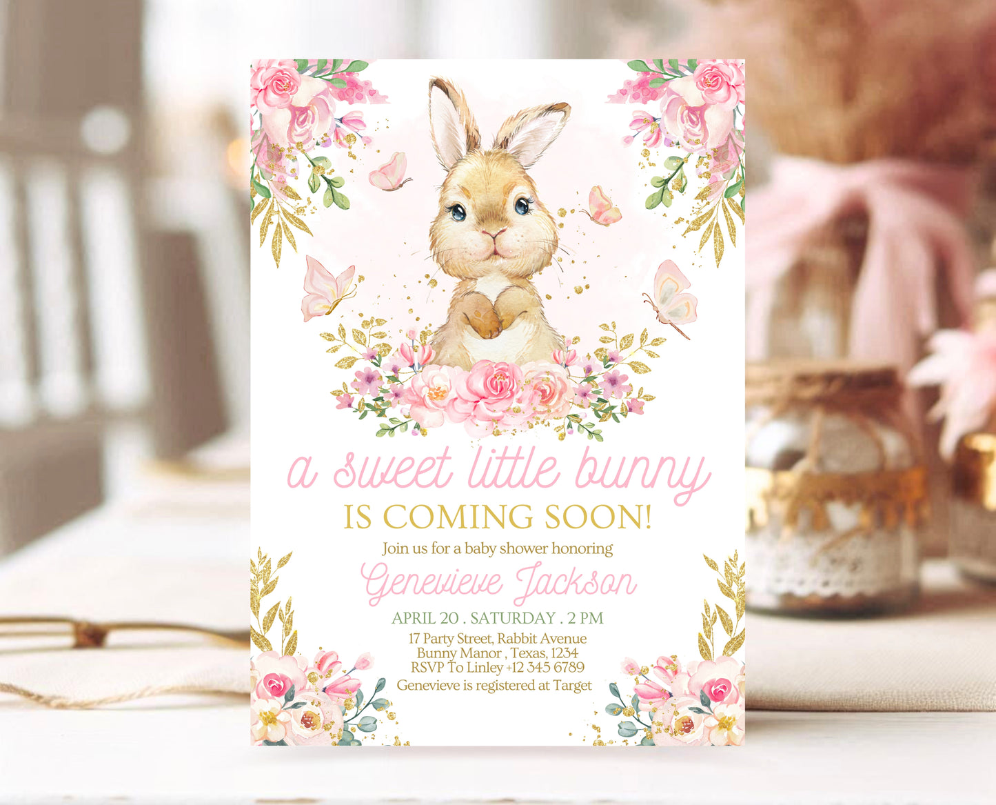Editable Bunny Baby Shower Invitation, Pink Gold Bunny Invite, Girl Floral Bunny Baby Shower, Spring Rabbit Baby Shower Invite, EPC10