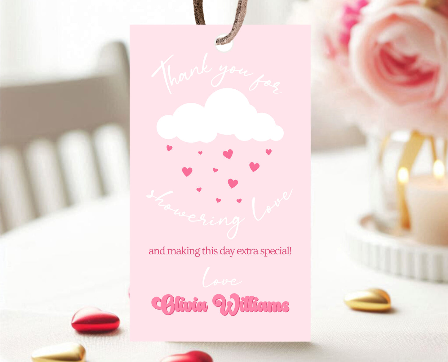 Editable Valentine Baby Shower Favor Tag, Showered With Love Baby Shower tag, Pink Cloud Hearts Baby Shower Thank You Tag, Download, VDC11