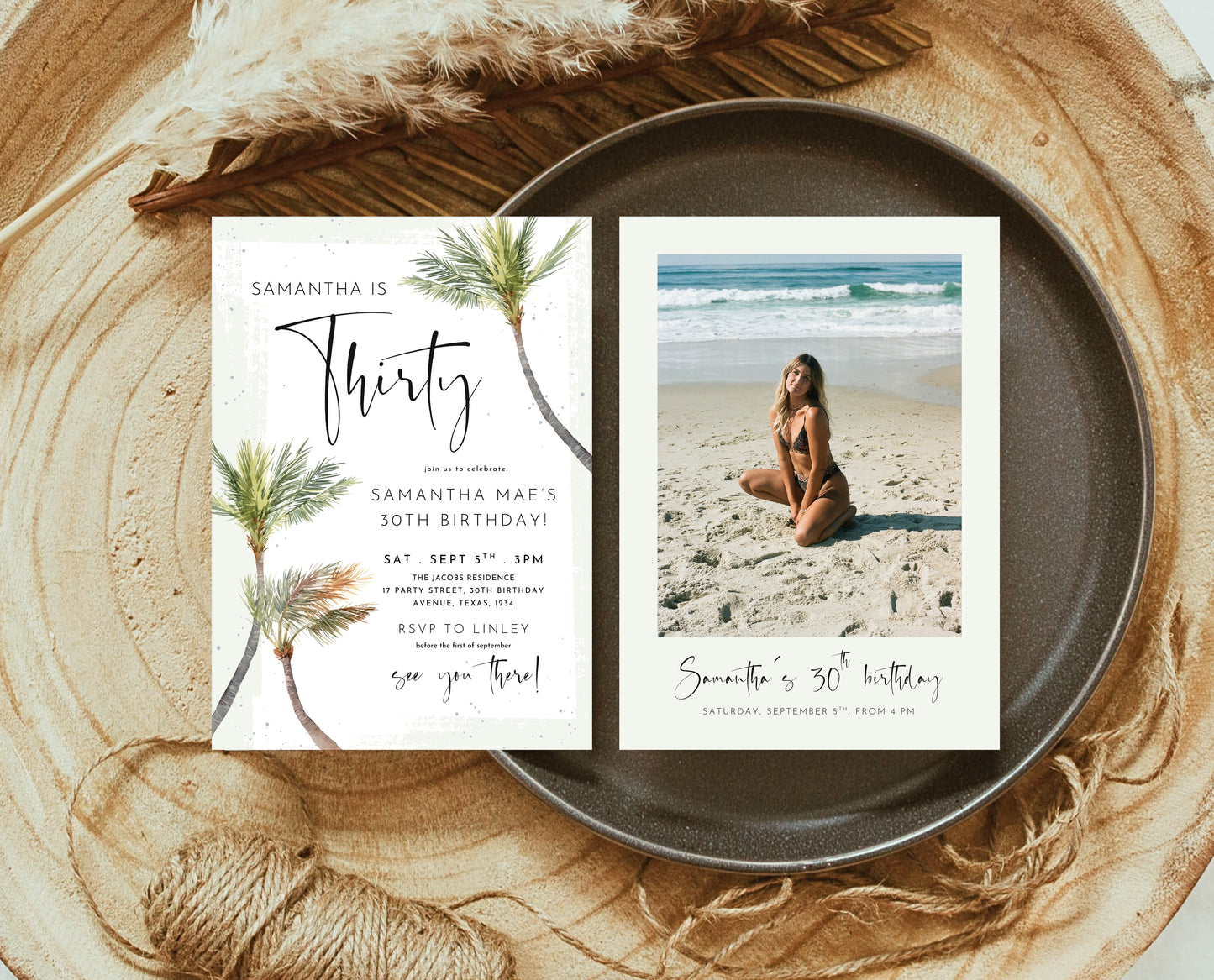 Editable Palm Birthday Invitation Template Folk Palm Trees Summer Party Beach Theme Watercolour Modern Instant Download Printable AB14