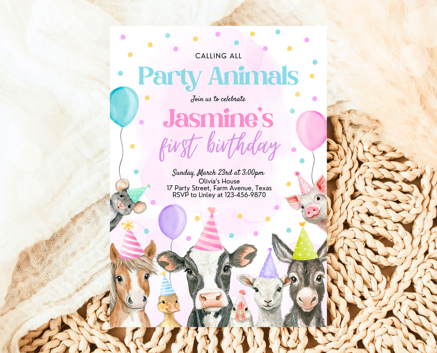 Editable Farm Girl Birthday Invitation, Pink Farm Birthday Party Invite, Calling All Party Animals, Rainbow Farm Animals Party Invite, GBP15