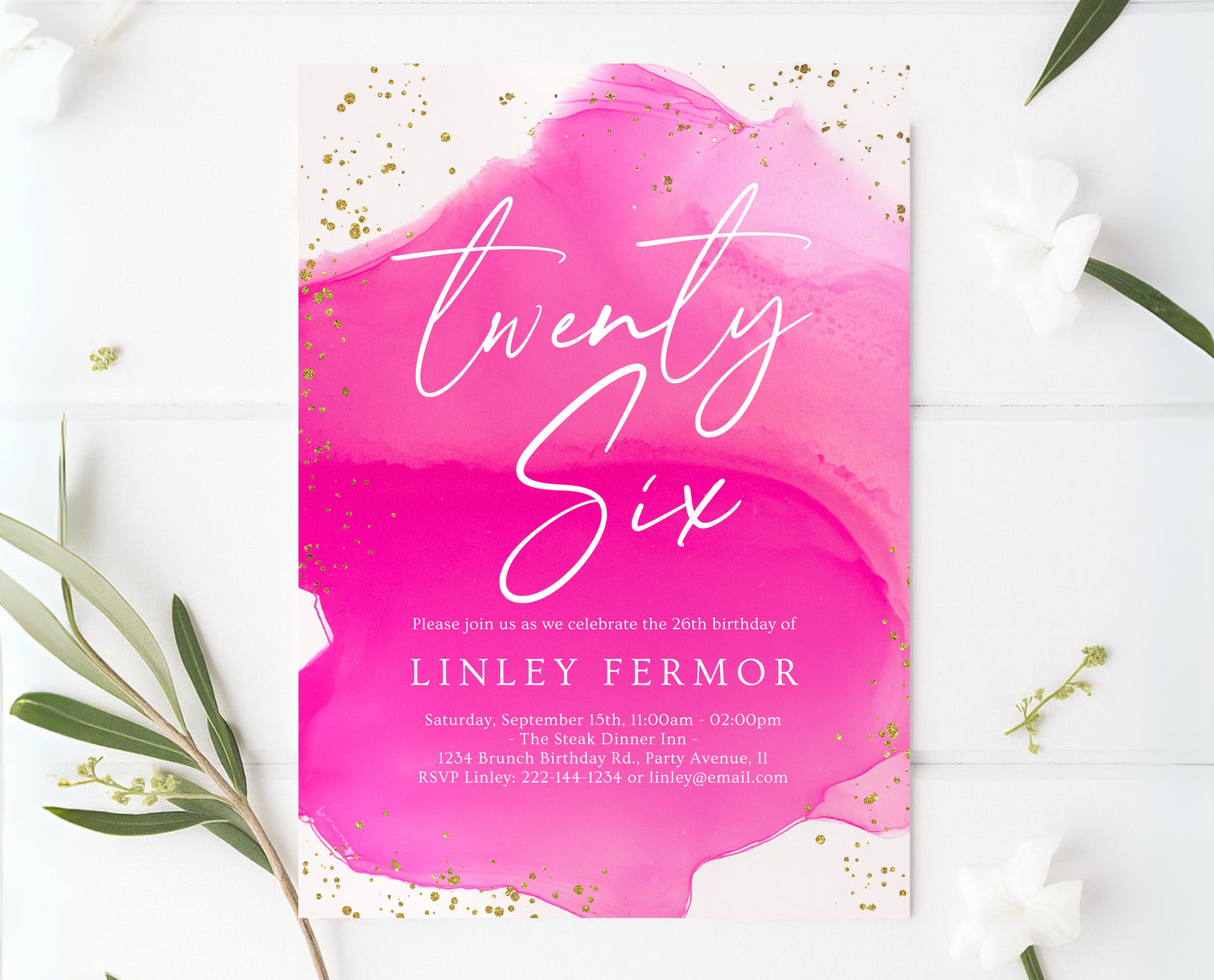 Editable Hot Pink and Gold Birthday Invitation Glam Party Template for Any Age Modern Printable Birthday Invite Instant Download AB17