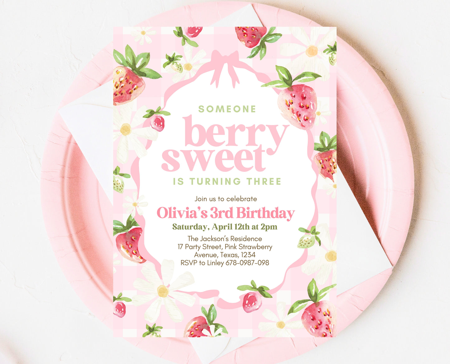 Editable Berry Sweet Birthday Invitation, Pink Strawberry Birthday Girl Invite, Whimsical Strawberry Birthday Girl Invitation, Pink, GBP06