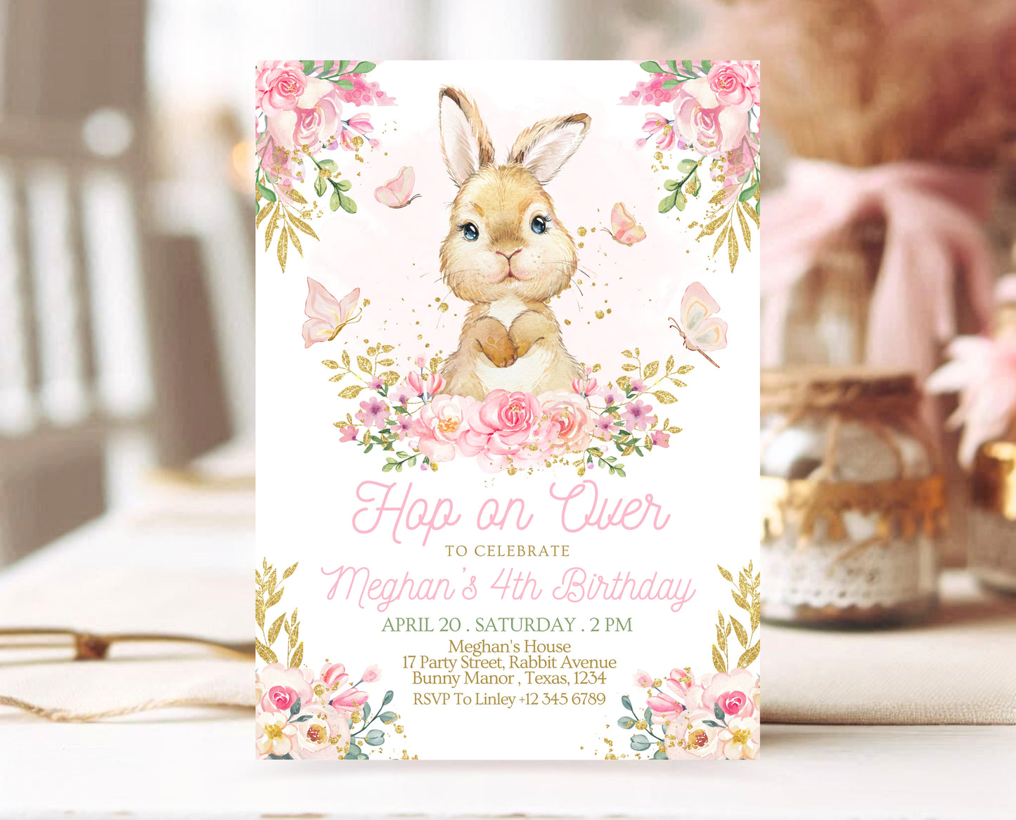 Editable Bunny Birthday Invitation, Pink Gold Some Bunny Birthday, Girl Floral Bunny Birthday, Spring Birthday Rabbit Birthday Invite, EPC09