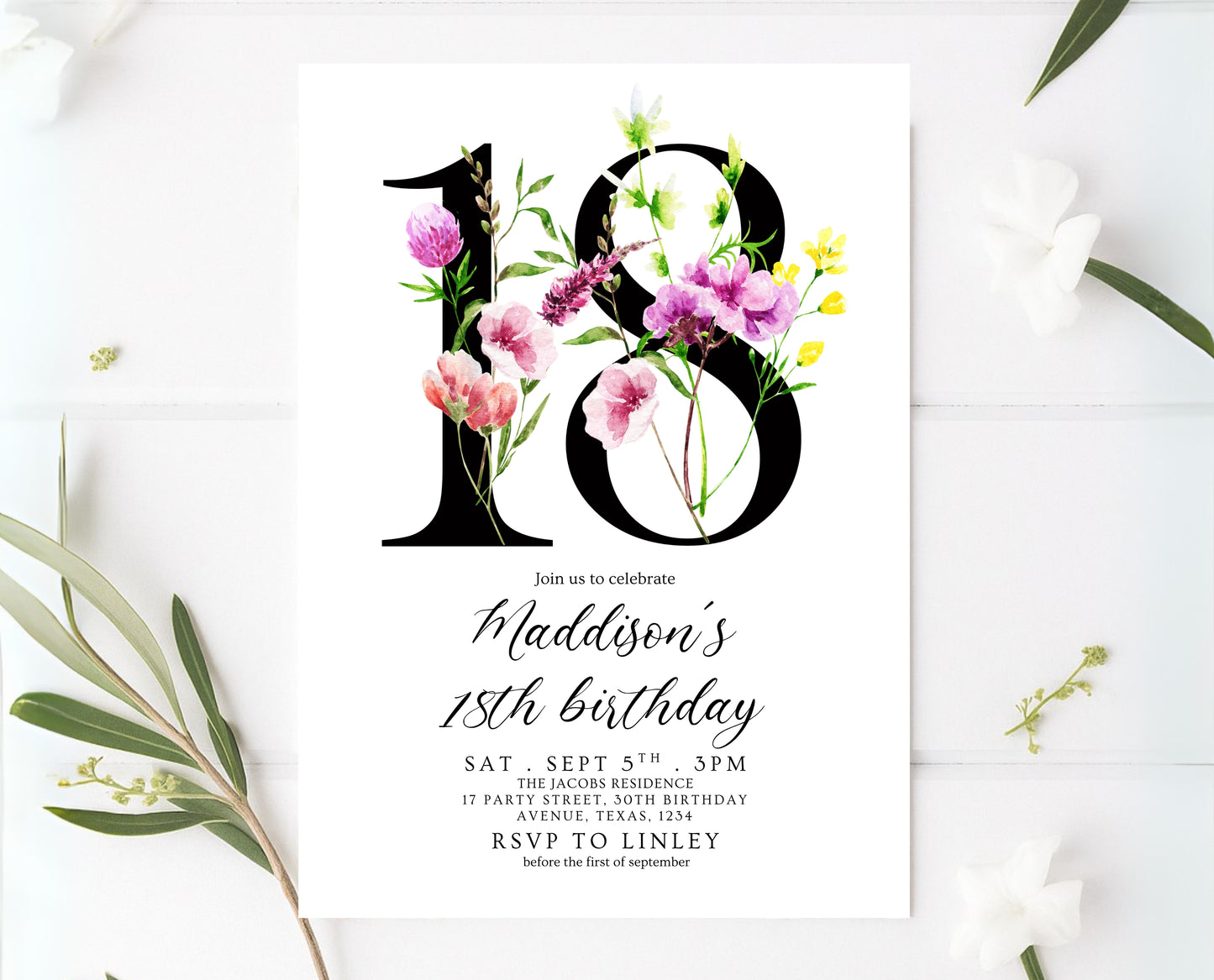 Editable 18th Birthday Invitation Minimalist Watercolour Floral Design Modern Adult Party Template Digital Printable Invite Instant Download