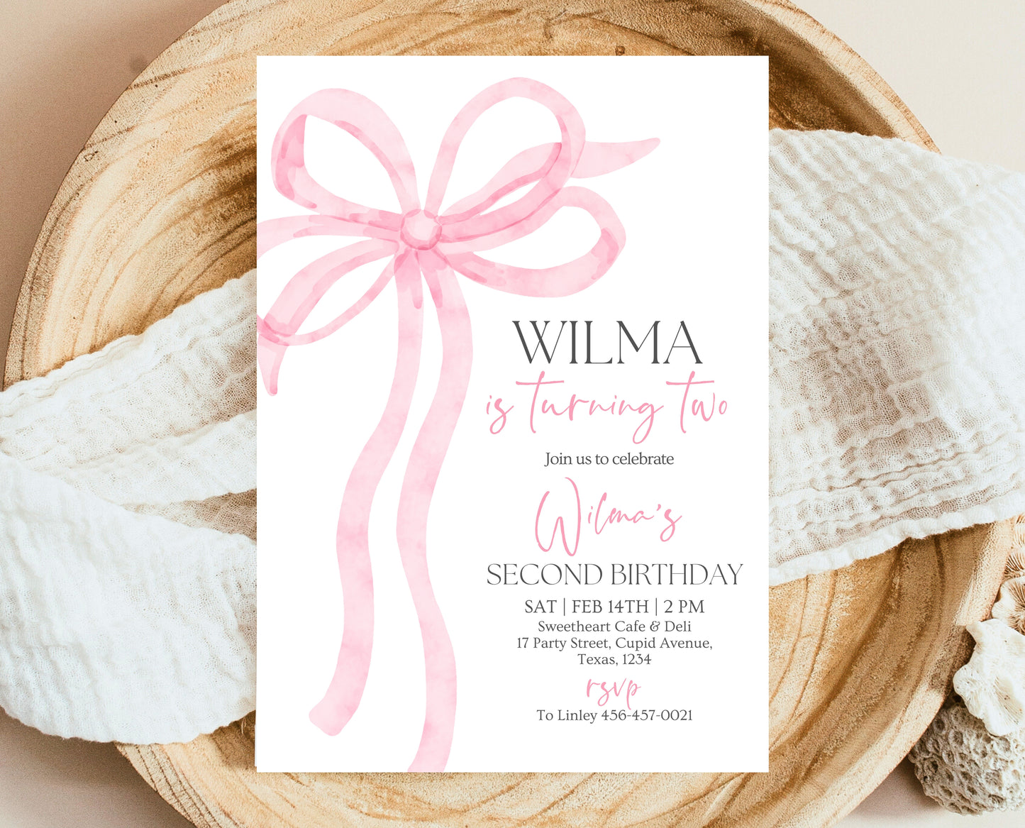 Editable Pink Bow Birthday Invitation, Girl First Birthday Printable, Pink Coquette Bow Invitation Birthday Girl Invite, Bow Invite, VDC12