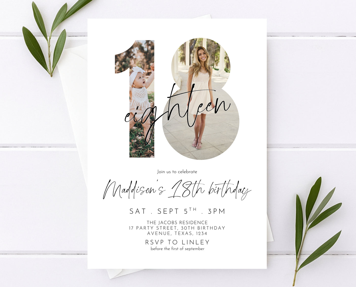 Editable 18th Birthday Invitation Photo Minimalist Modern Elegant Design Simple Digital Party Template Printable Invite Instant Download