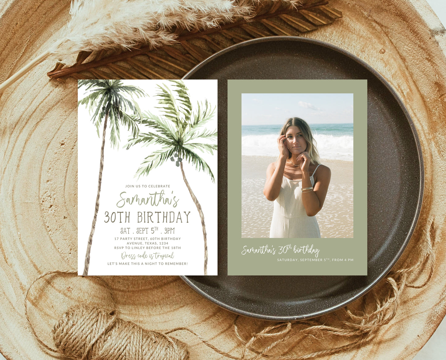 Editable Palm Birthday Invitation Template Folk Palm Trees Summer Party Beach Theme Watercolour Modern Instant Download Printable AB11