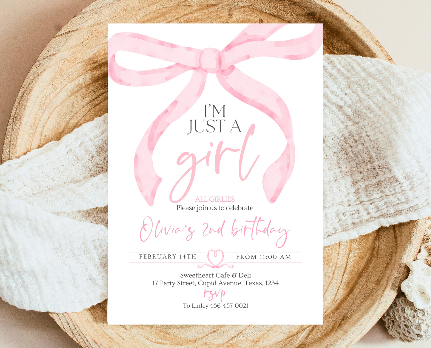 Editable Pink Bow Birthday Invitation, Girl First Birthday Printable, Pink Coquette Bow Invitation Birthday Girl Invite, Bow Invite, VDC12