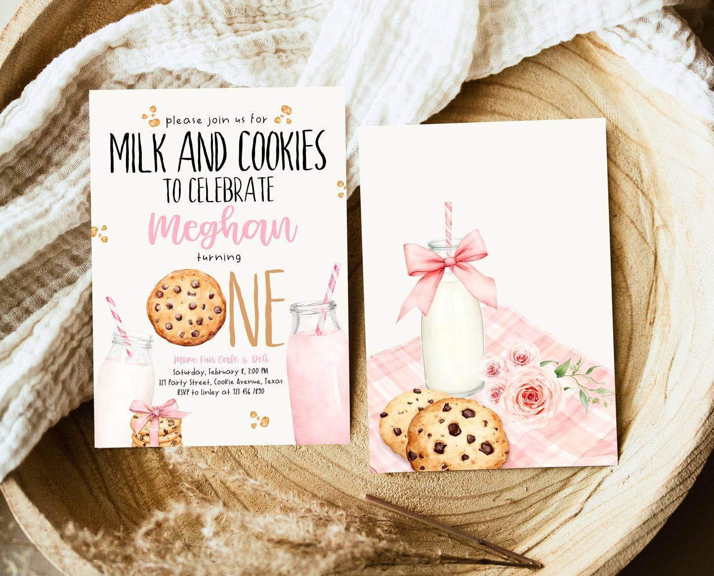 Editable Milk And Cookies Birthday Invitation, Pink Milk And Cookies First Birthday Invite, Printable Girl First Birthday Invite, GBP01