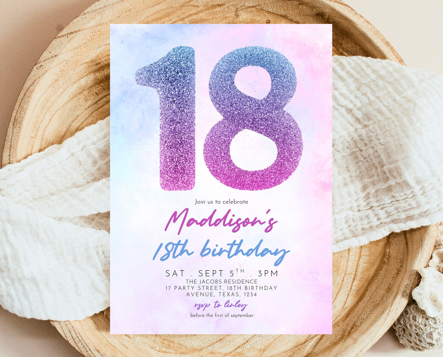 Editable 18th Birthday Invitation Pink Purple Blue Glitter Design Modern Elegant Digital Party Template Printable Invite Instant Download