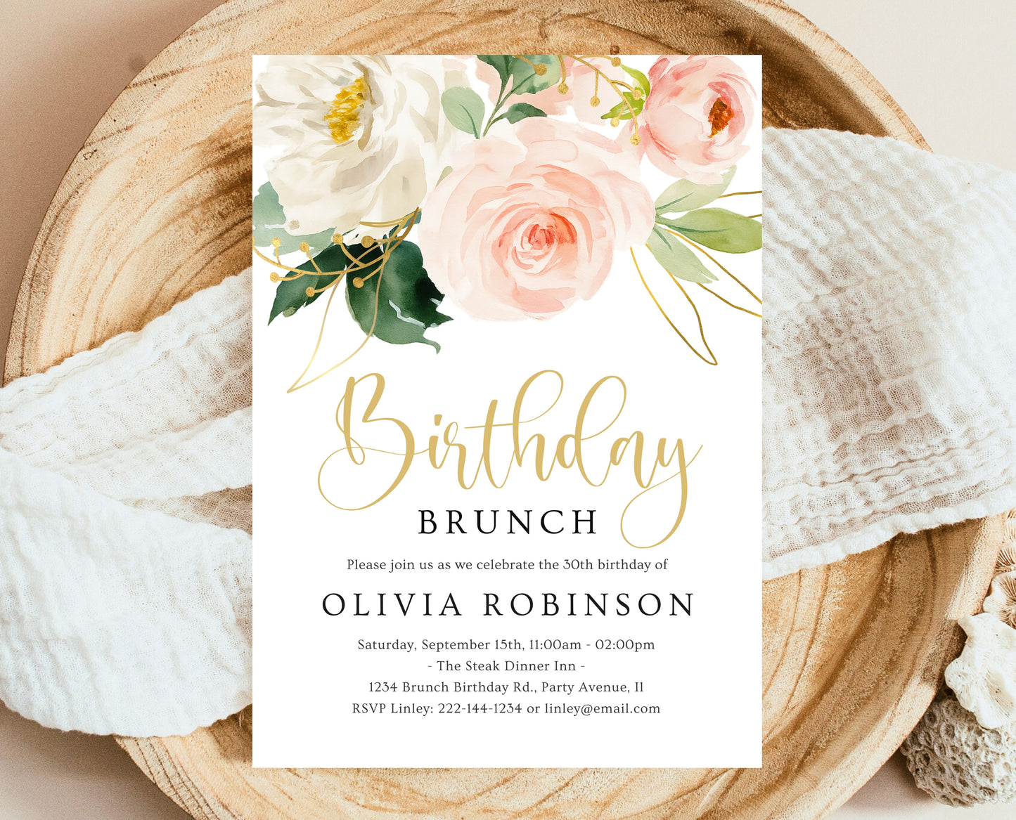 Editable Blush Pink Floral Birthday Brunch Invitation Gold Rose Invite Watercolour Printable Party Template for Women Instant Download