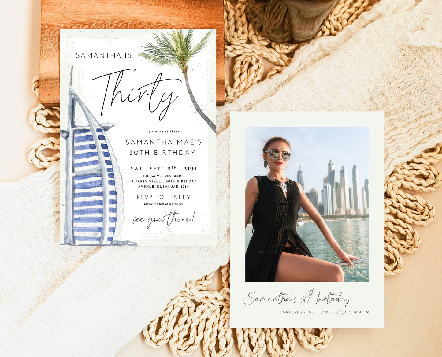 Editable Dubai Themed Palm Birthday Invitation Summer Party Template Luxury Desert Tropical Printable Invite Download AB13