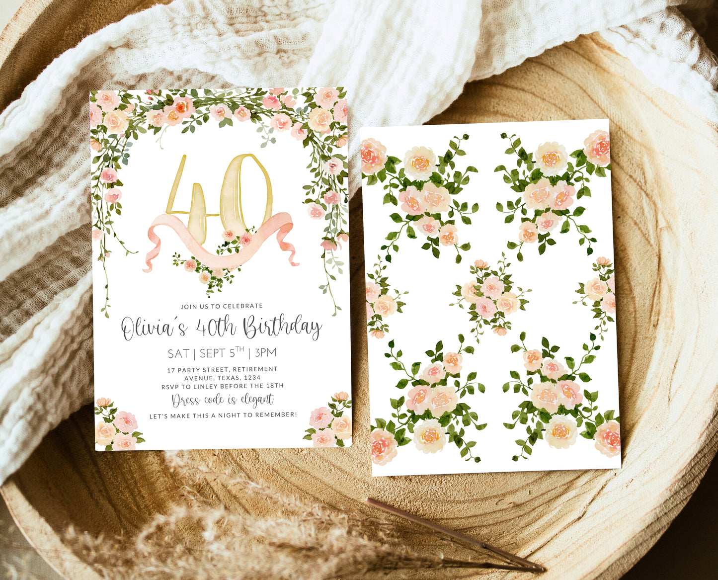 Editable 40th Birthday Invitation Blush Pink Gold Template Floral Watercolor Roses Digital Invite Instant Download Printable Design AB10