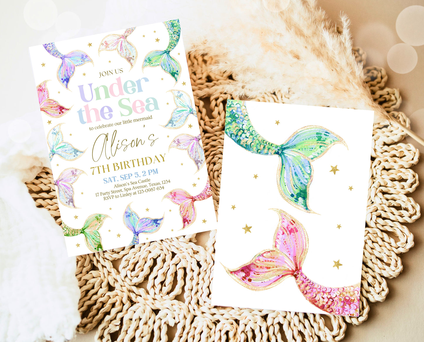Editable Mermaid Birthday Invitation, Under the Sea Birthday Invitation, Birthday Template, Rainbow Pastel Glitter Mermaid Invite, GBP13
