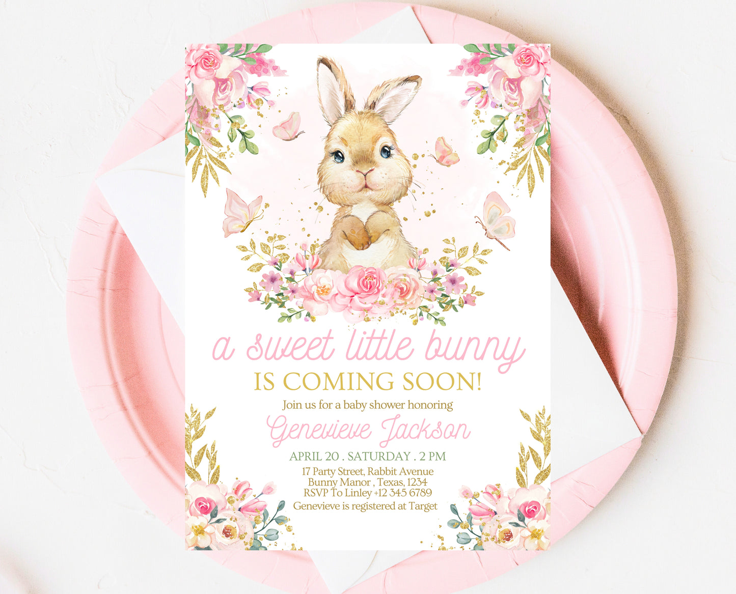 Editable Bunny Baby Shower Invitation, Pink Gold Bunny Invite, Girl Floral Bunny Baby Shower, Spring Rabbit Baby Shower Invite, EPC10