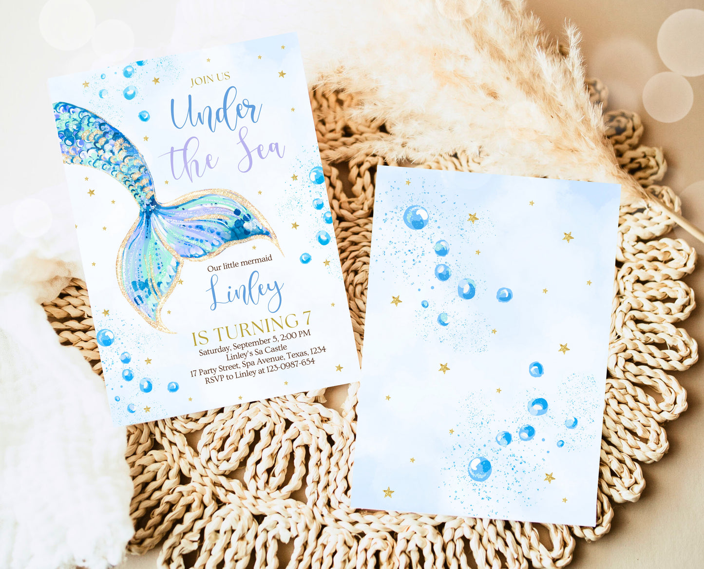 Editable Mermaid Tail Birthday Invitation, Under the Sea Birthday Invitation, Birthday Template, Blue And Gold Glitter Mermaid Invite, GBP12