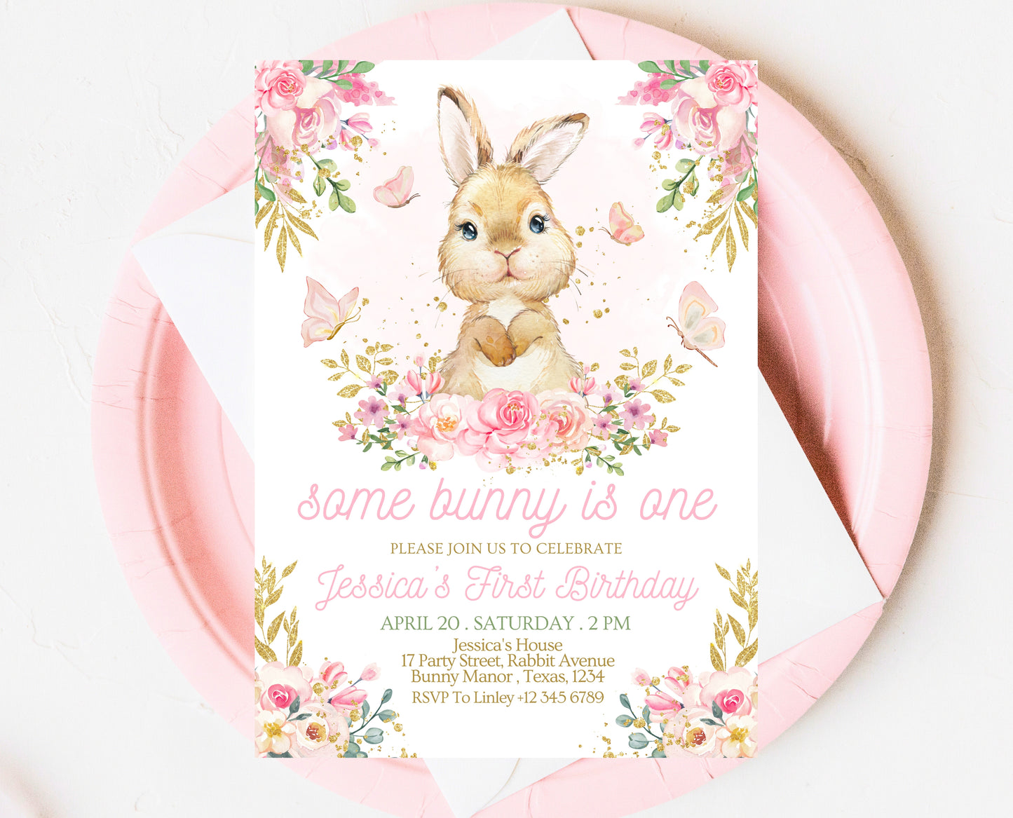 Editable Bunny Birthday Invitation, Pink Gold Some Bunny 1st Birthday, Floral Bunny Birthday, Spring Birthday Rabbit Birthday Invite, EPC09