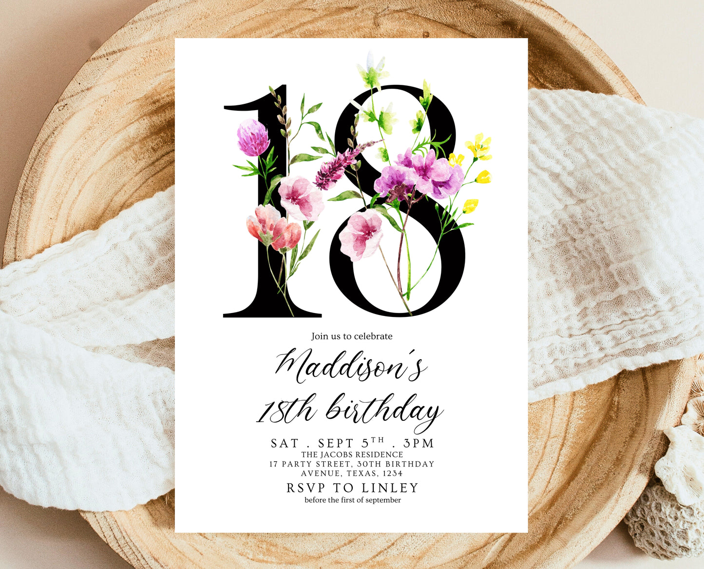 Editable 18th Birthday Invitation Minimalist Watercolour Floral Design Modern Adult Party Template Digital Printable Invite Instant Download