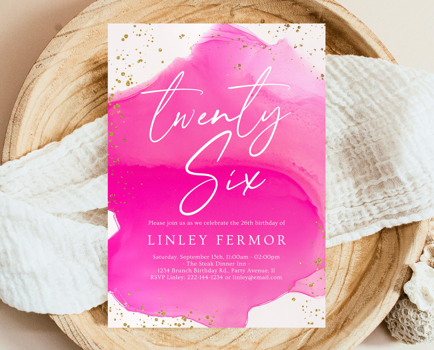 Editable Hot Pink and Gold Birthday Invitation Glam Party Template for Any Age Modern Printable Birthday Invite Instant Download AB17