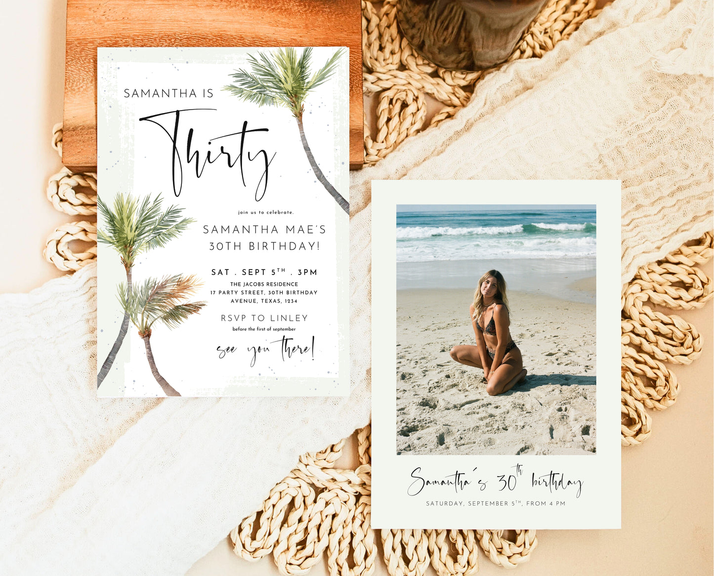 Editable Palm Birthday Invitation Template Folk Palm Trees Summer Party Beach Theme Watercolour Modern Instant Download Printable AB14