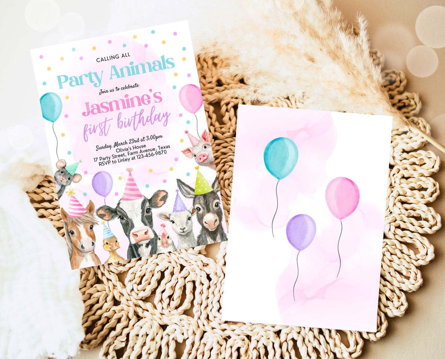 Editable Farm Girl Birthday Invitation, Pink Farm Birthday Party Invite, Calling All Party Animals, Rainbow Farm Animals Party Invite, GBP15