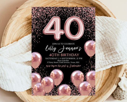 Editable 40th Birthday Invitation Mobile 40th Birthday Invite Rose Gold Party Decor Balloon Design Instant Download Template