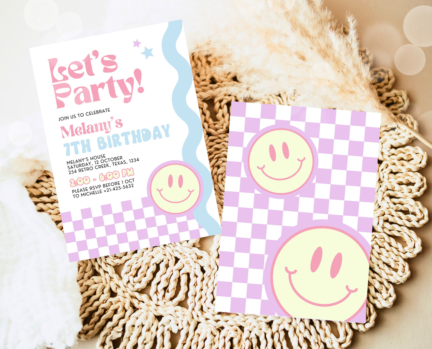Editable Retro Smiley Birthday Invitation, Preppy Smile Theme Invite, Pink Checkered Smiley Birthday Invite, Retro Smiley Girl Invite, GBP17