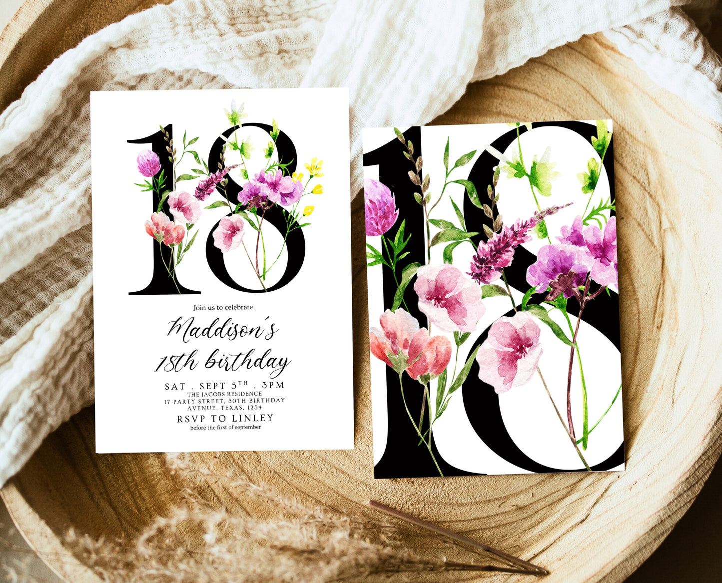 Editable 18th Birthday Invitation Minimalist Watercolour Floral Design Modern Adult Party Template Digital Printable Invite Instant Download