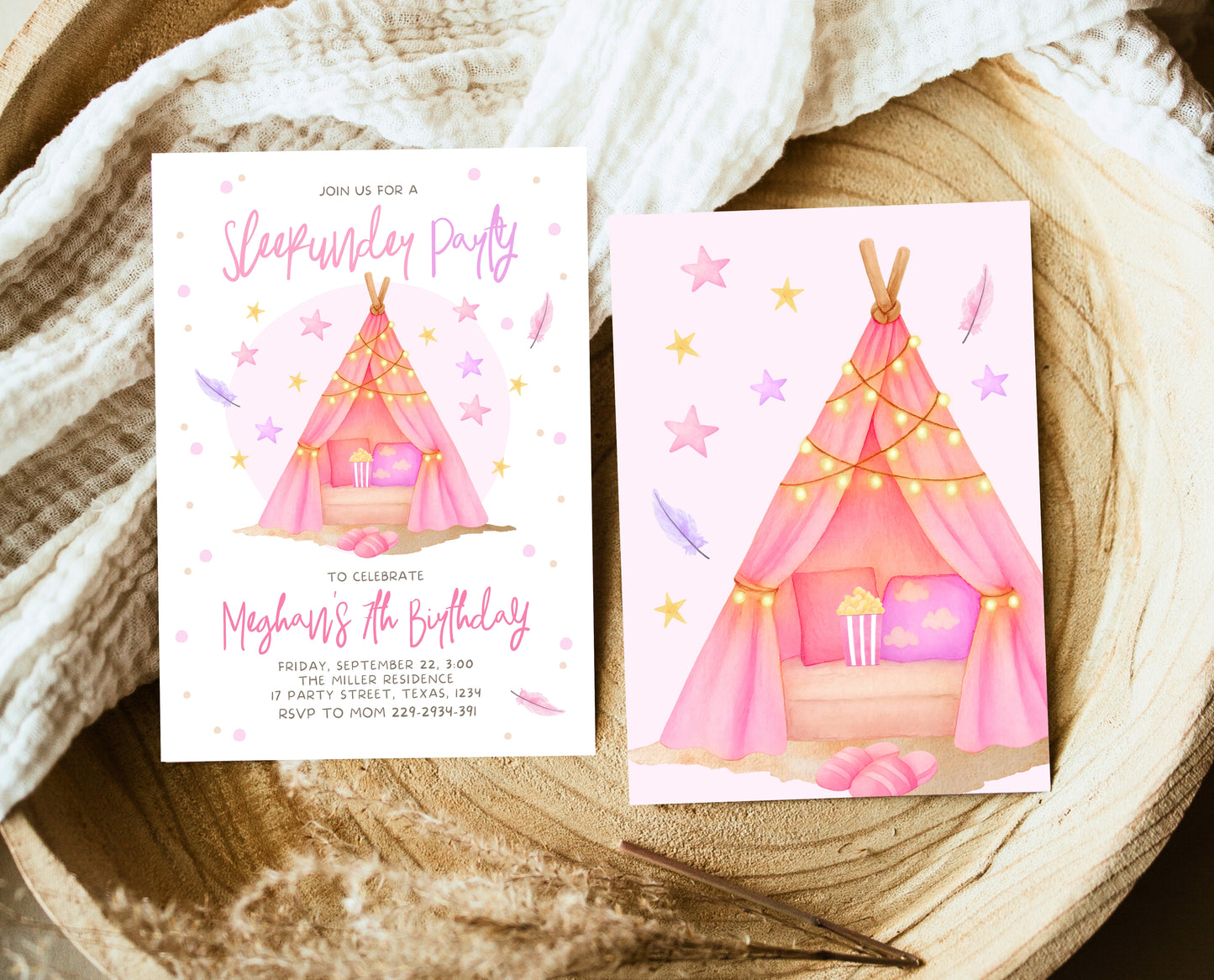 Editable Sleepunder Birthday Invitation Pink Glamping Spa Slumber Party Movie Night Tween Teen Printable Template Instant Download GBP51