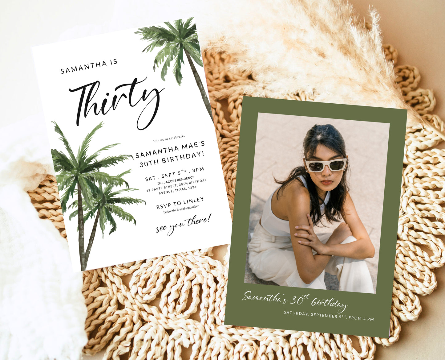 Editable Palm Birthday Invitation Template Folk Palm Trees Summer Party Beach Theme Watercolour Modern Instant Download Printable AB12