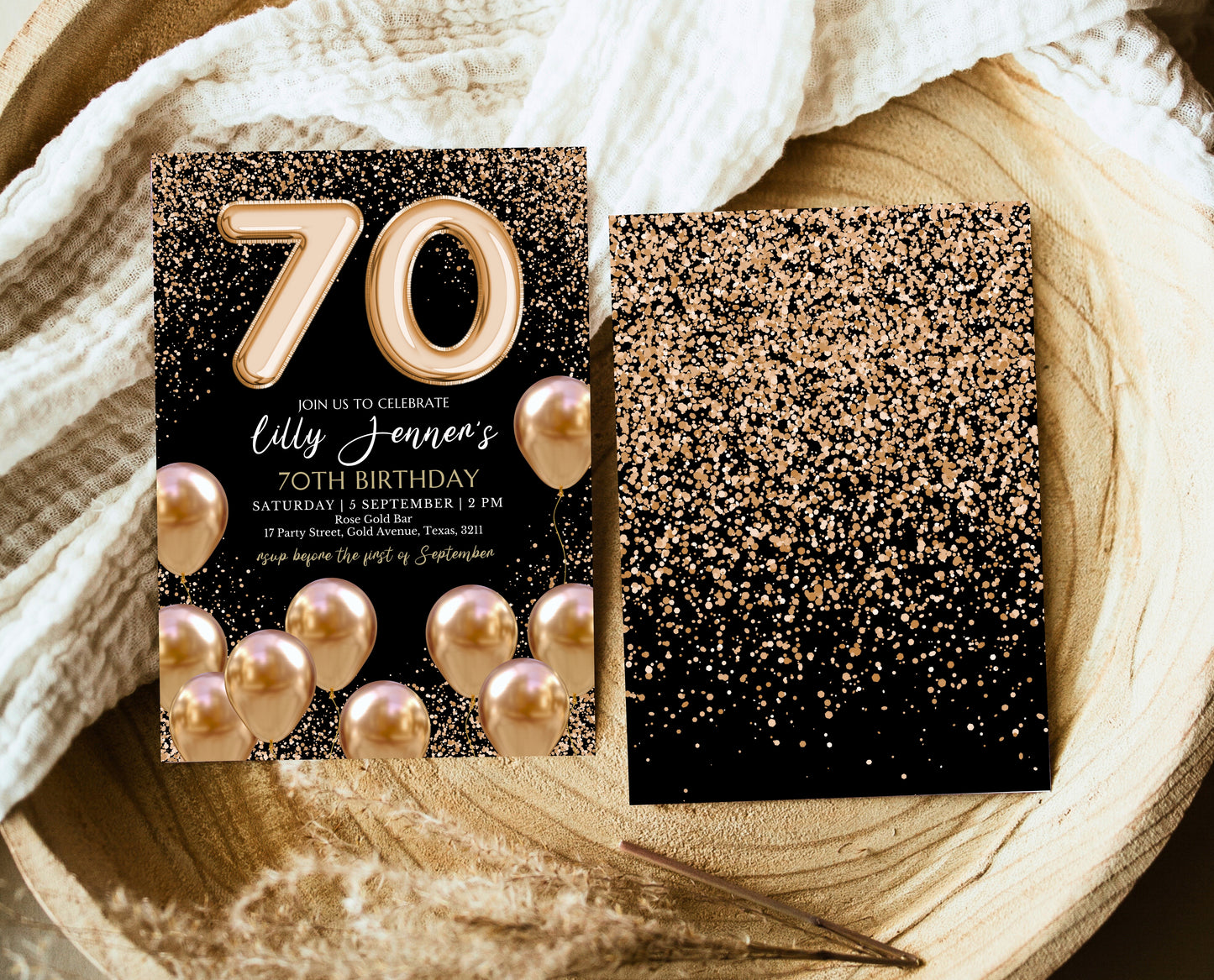 Editable 70th Birthday Invitation Black and Gold Design Modern 70th Party Invite Digital Template Printable Instant Download
