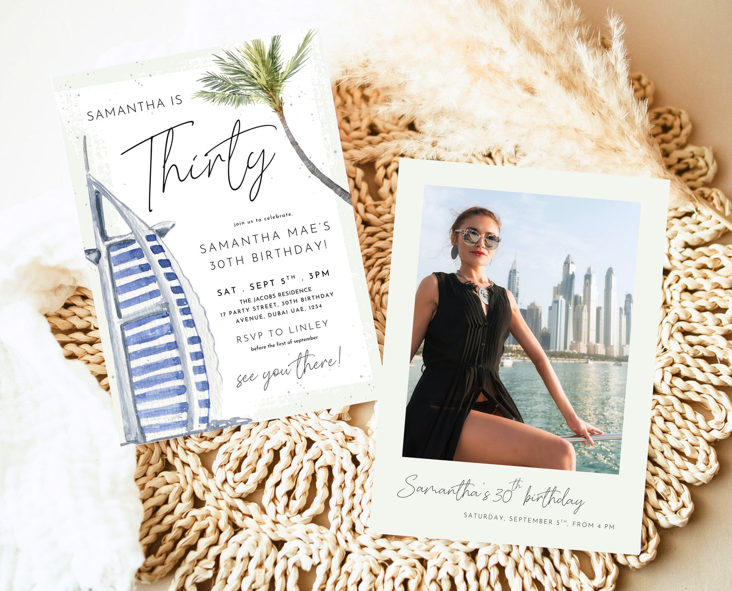 Editable Dubai Themed Palm Birthday Invitation Summer Party Template Luxury Desert Tropical Printable Invite Download AB13