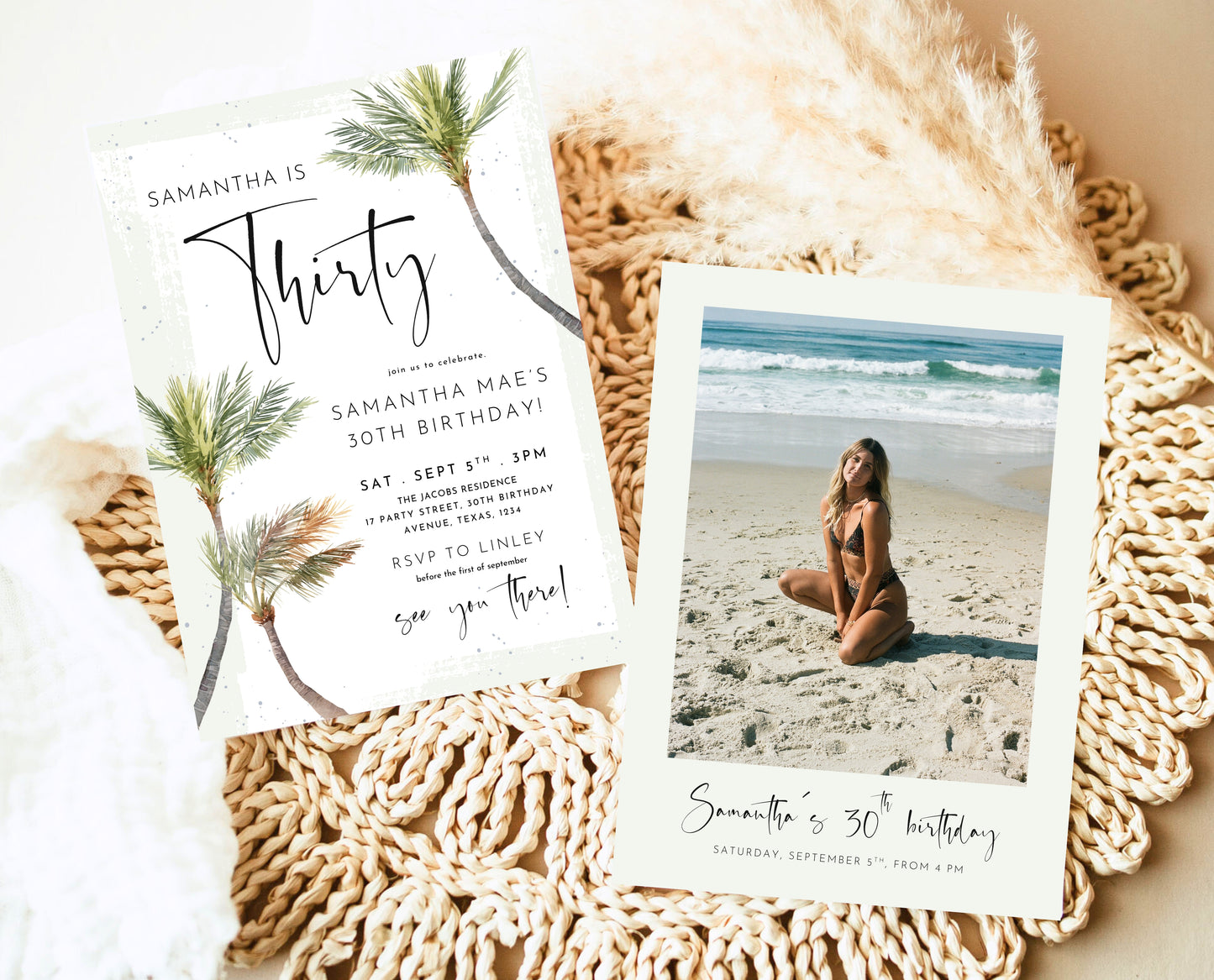 Editable Palm Birthday Invitation Template Folk Palm Trees Summer Party Beach Theme Watercolour Modern Instant Download Printable AB14