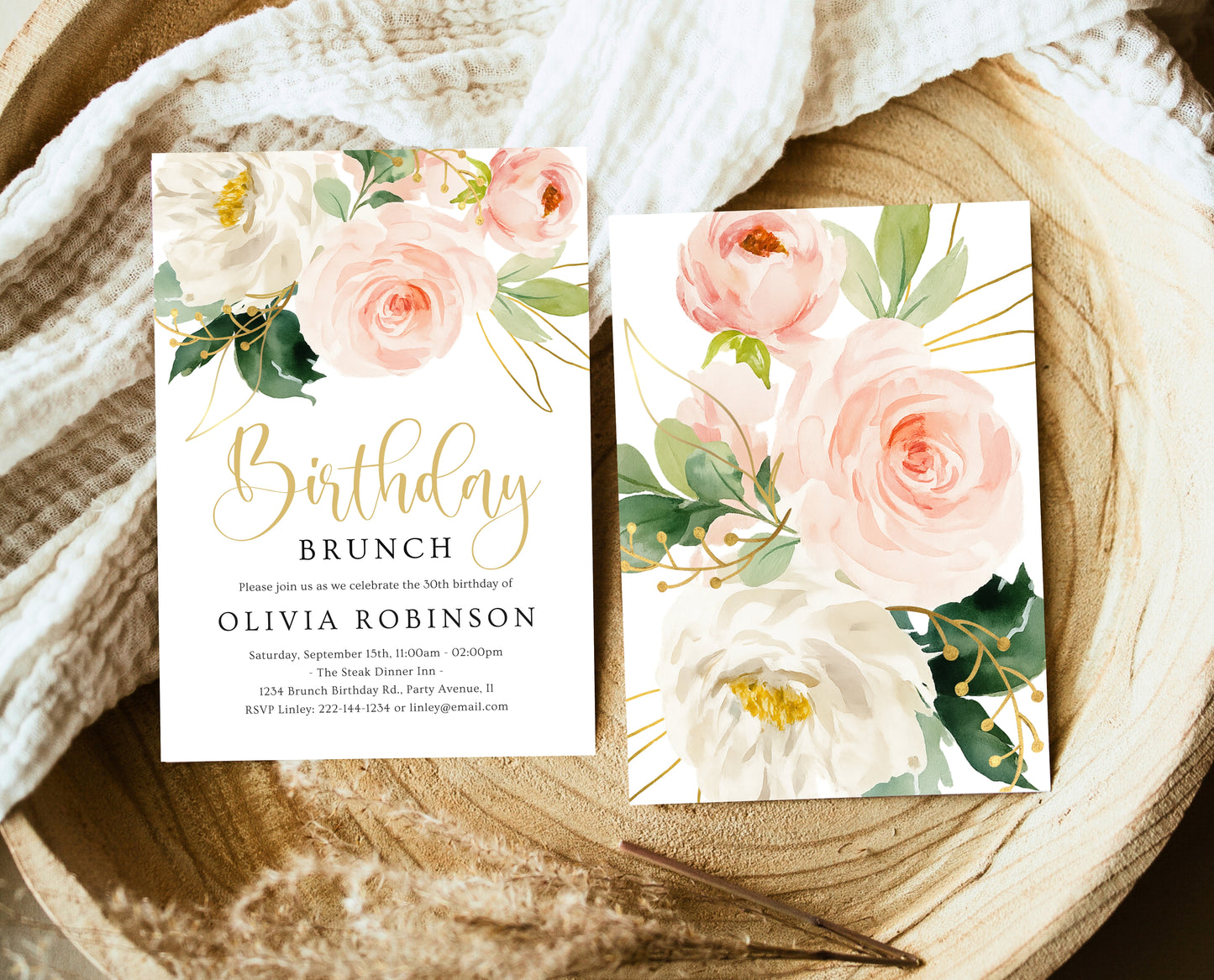 Editable Blush Pink Floral Birthday Brunch Invitation Gold Rose Invite Watercolour Printable Party Template for Women Instant Download