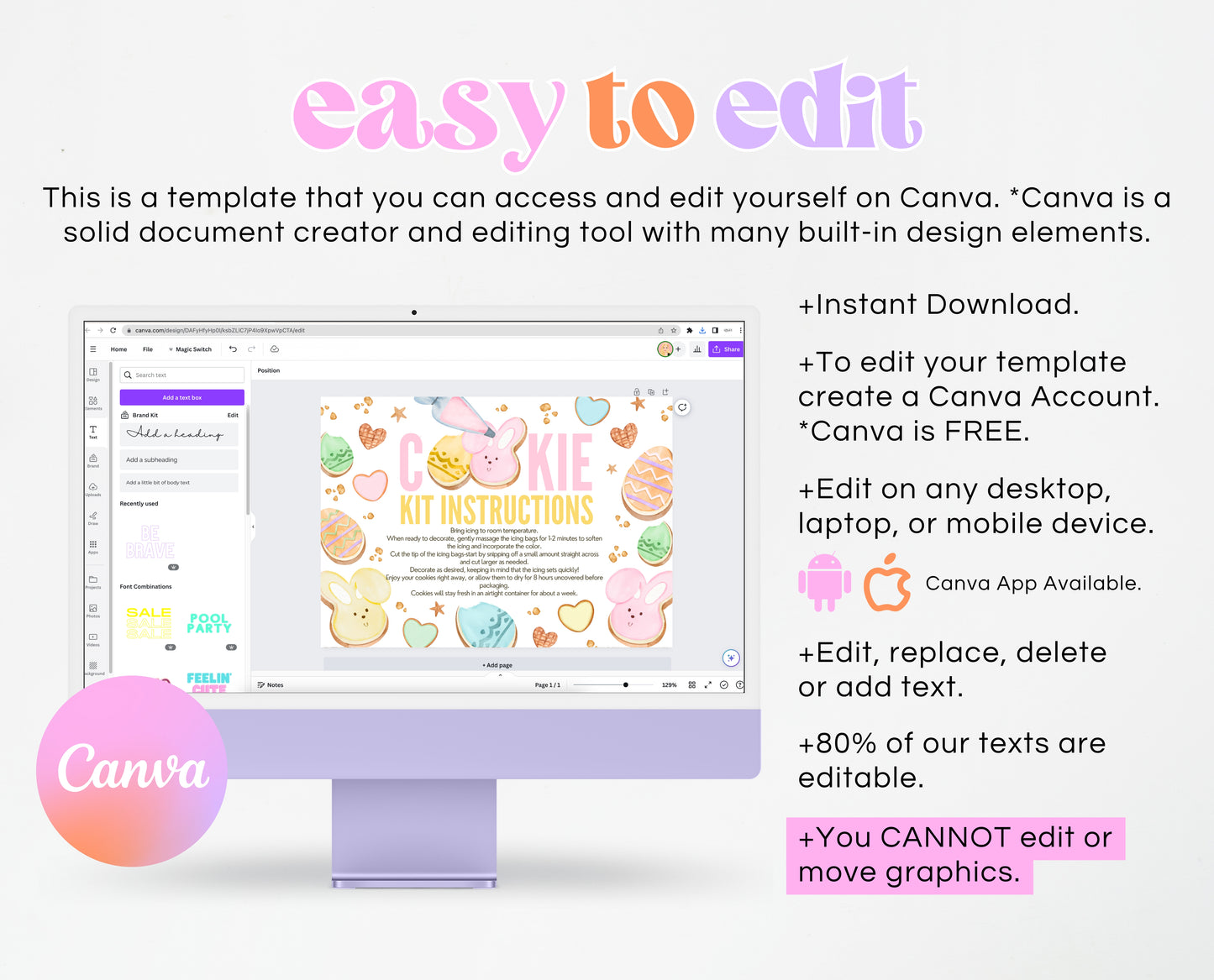 Editable Easter Cookie Kit Instructions Card, Decorate Your Own Easter Bunny Cookie, Cookie Decorating Kit DIY, Printable, Instant Download