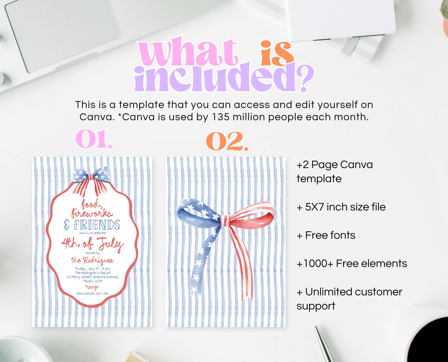 Editable Whimsical 4th Of July Invitation, Independence Day BBQ Invite, American Bow Invitation, July 4th BBQ Invite, July Fourth Invite
