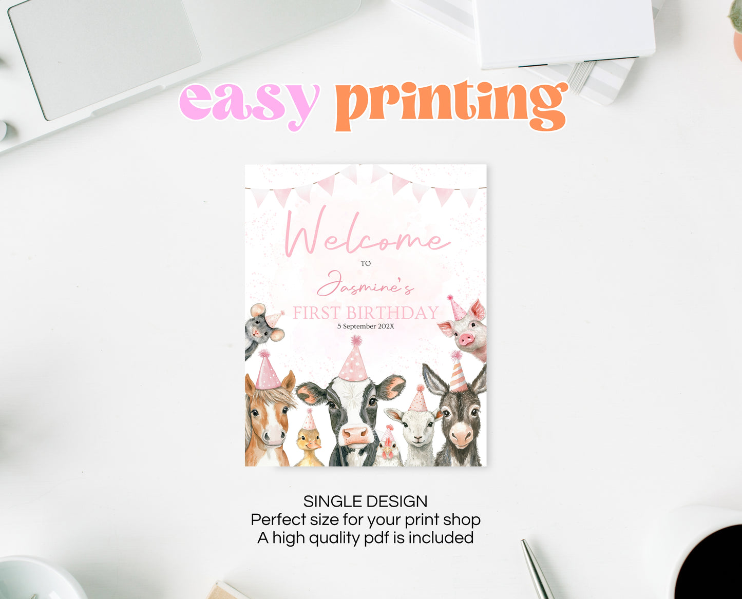 Editable Farm Girl Birthday Welcome Sign, Pink Farm Birthday Party Decor, Calling All Party Animals, Pink Farm Animals Welcome Banner, GBP14
