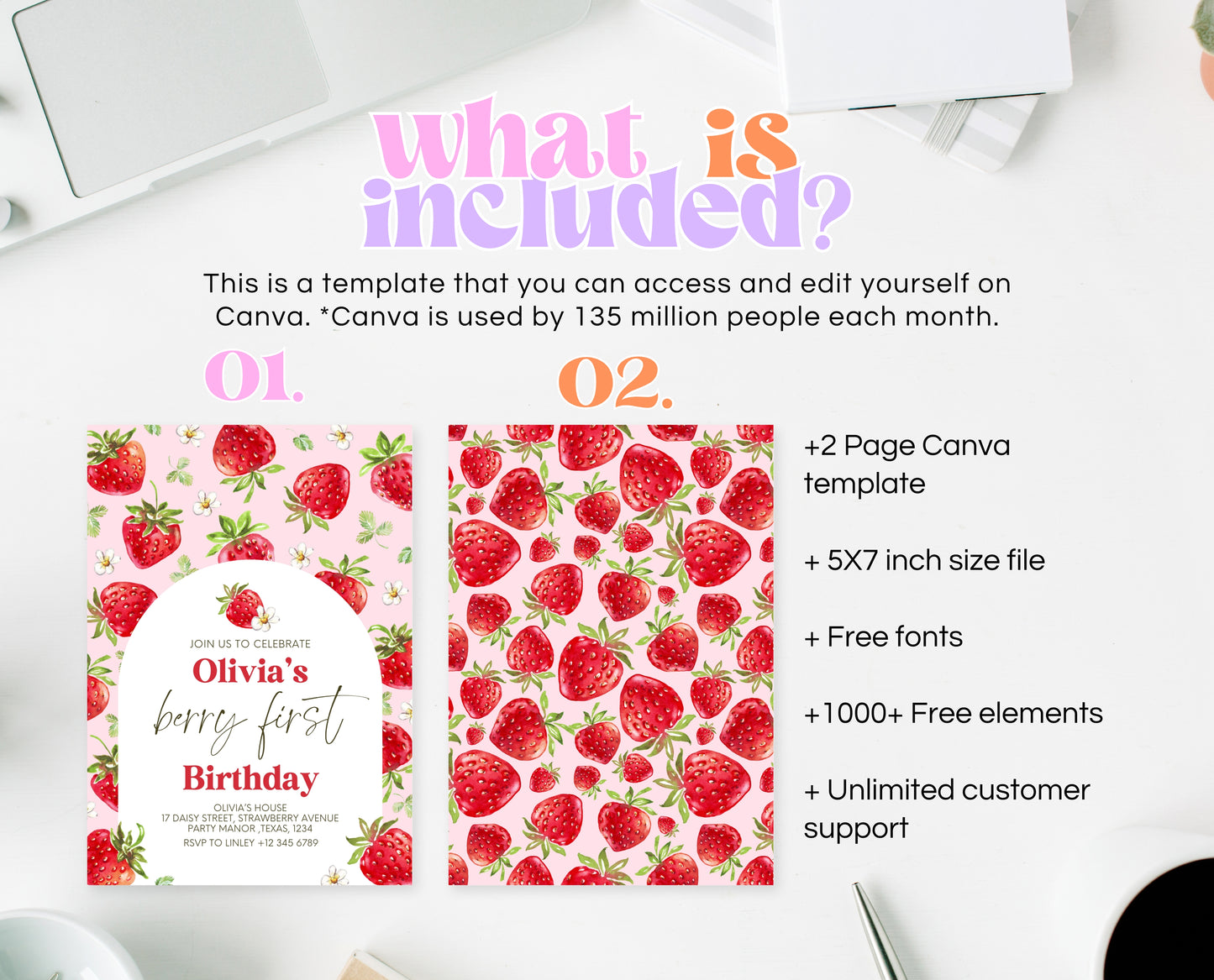 Editable Berry First Birthday Invitation, Strawberry Arch 1st Birthday Girl Invite, Printable Strawberry First Birthday Girl Invitation, GBP05