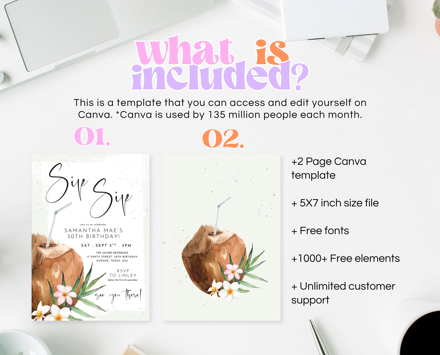 Editable Coconut Cocktail Birthday Invitation Tropical Beach Summer Party Modern Minimalist Printable Invite Template Instant Download