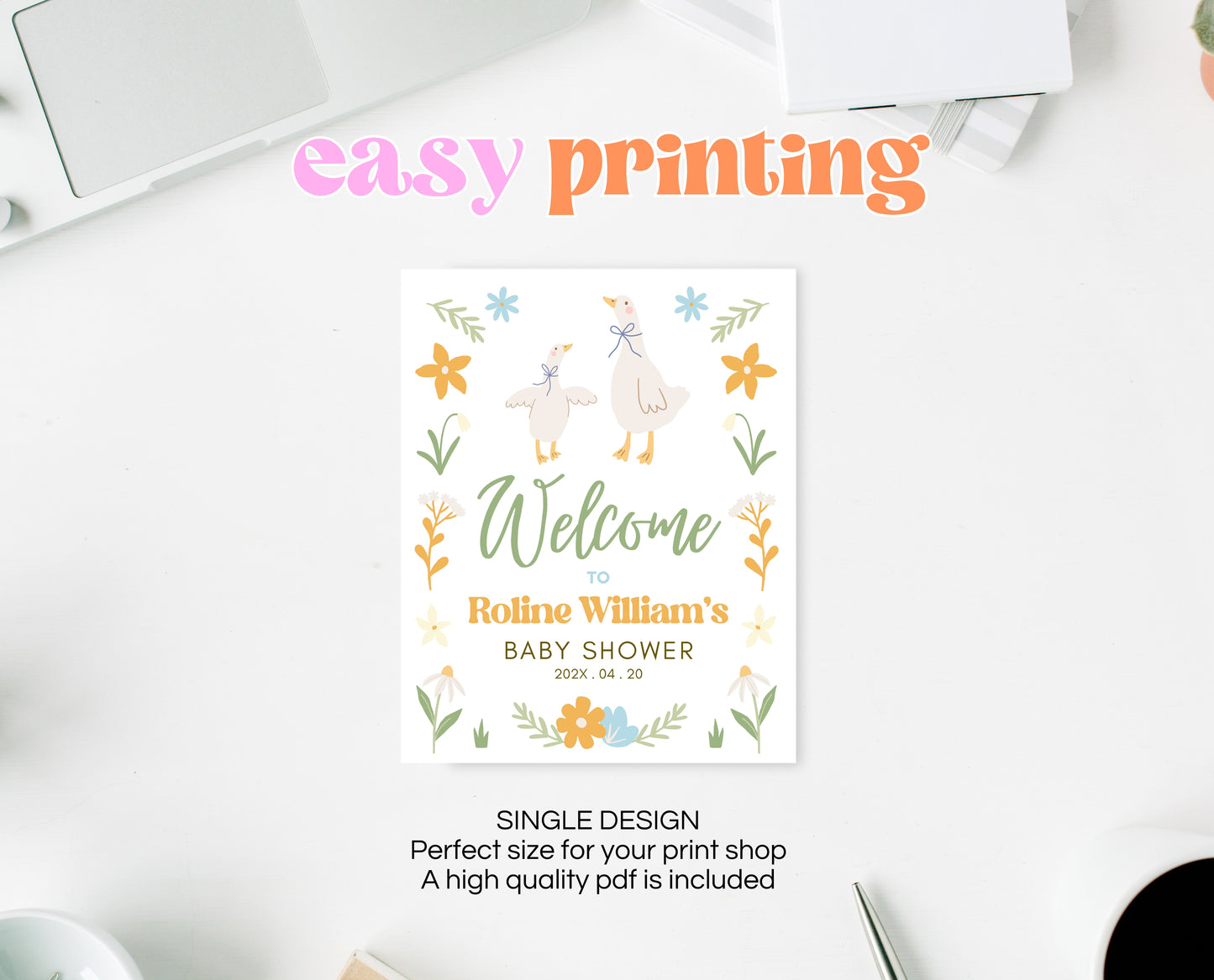 Editable Goose Baby Shower Welcome Sign, A Silly Goose Baby Shower, Floral Whimsical Goose Welcome Sign, Easter Baby Shower Theme, EPC02