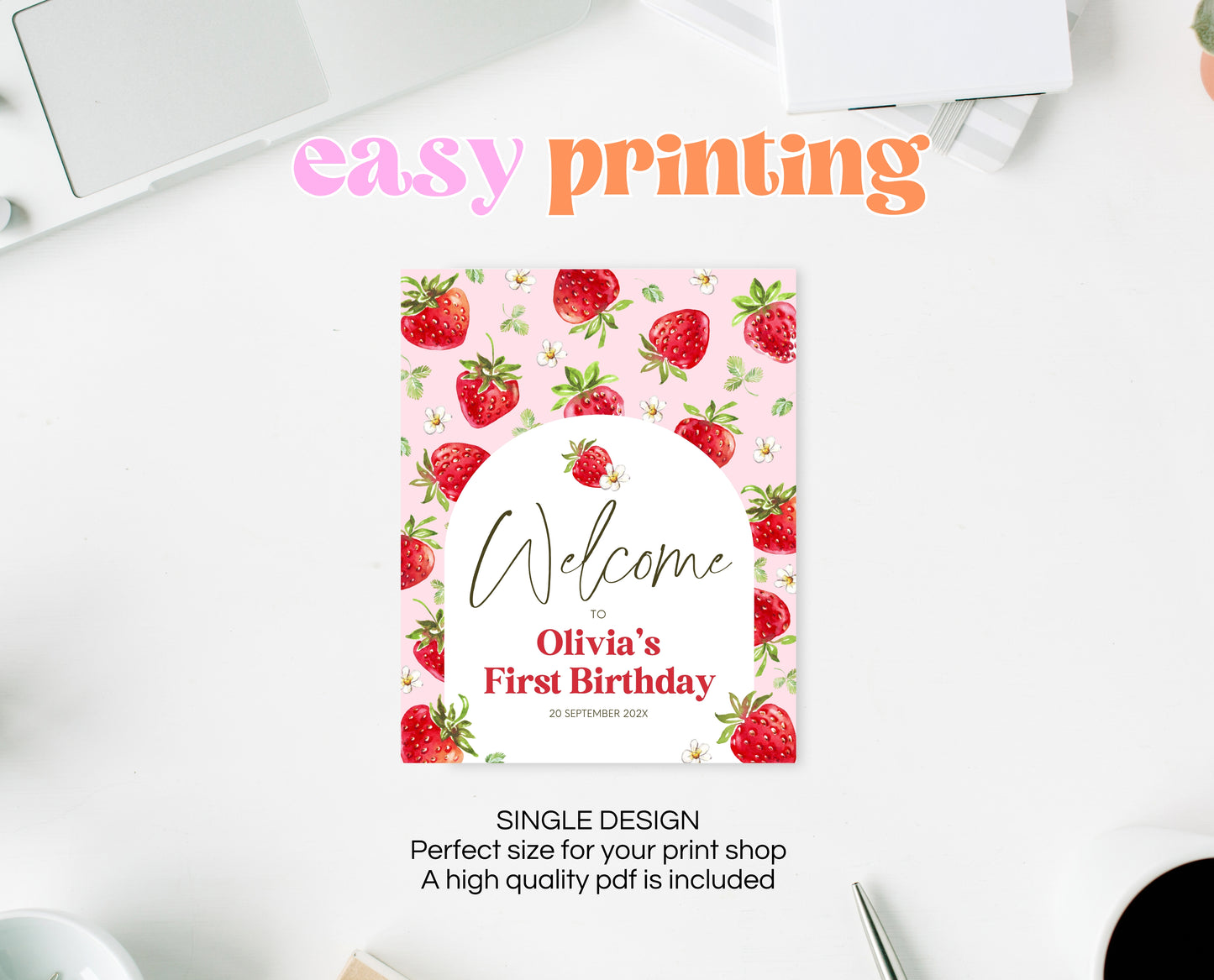 Editable Strawberry Birthday Welcome Sign, Strawberry Arch Birthday Girl Decor, Printable Boho Strawberry Birthday Welcome Banner, GBP05