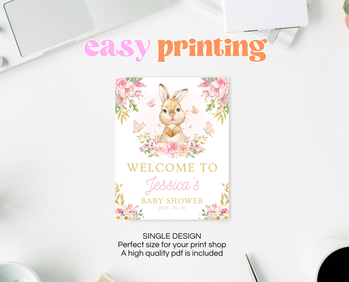 Editable Bunny Baby Shower Welcome Sign, Pink Gold Bunny, Girl Floral Bunny Baby Shower, Spring Rabbit Baby Shower Welcome Banner, EPC10
