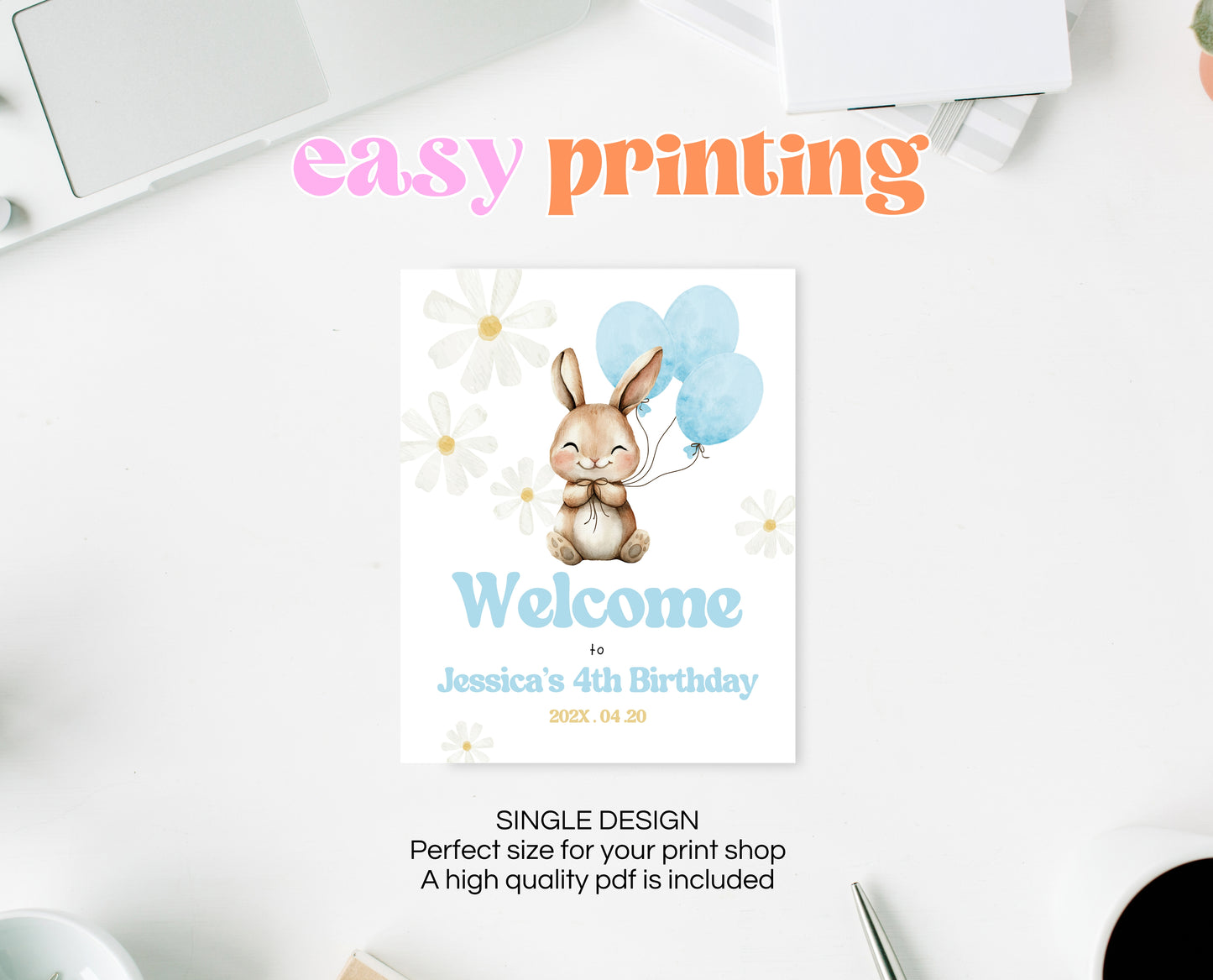 Editable Bunny Birthday Welcome Sign, Blue Rabbit Birthday, Hop On Over Bunny Birthday Sign, Spring Birthday, Rabbit Welcome Banner, EPC07